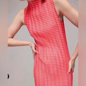Whistles Pink Houndstooth Plissé Midi Chic Dress Pleated Sleeveless US 16